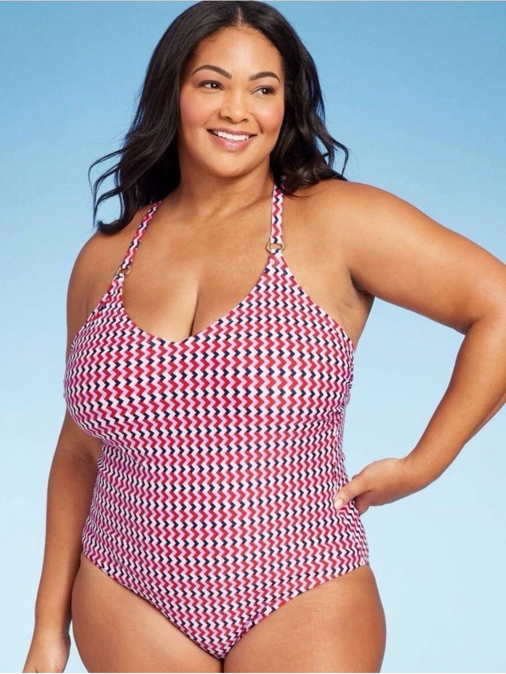 NWT Kona Sol Women’s Gold Ring Accent One Piece Swimsuit Red/White/Blue Plus 18